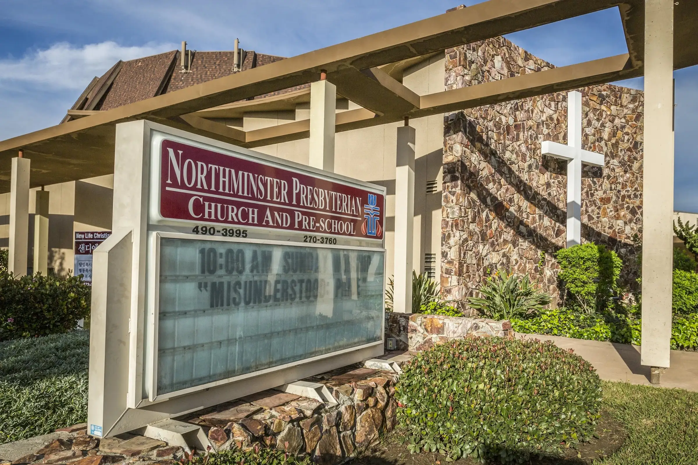 Northminster’s sign on Clairemont Mesa Blvd, announcing Sunday worship at 10 AM